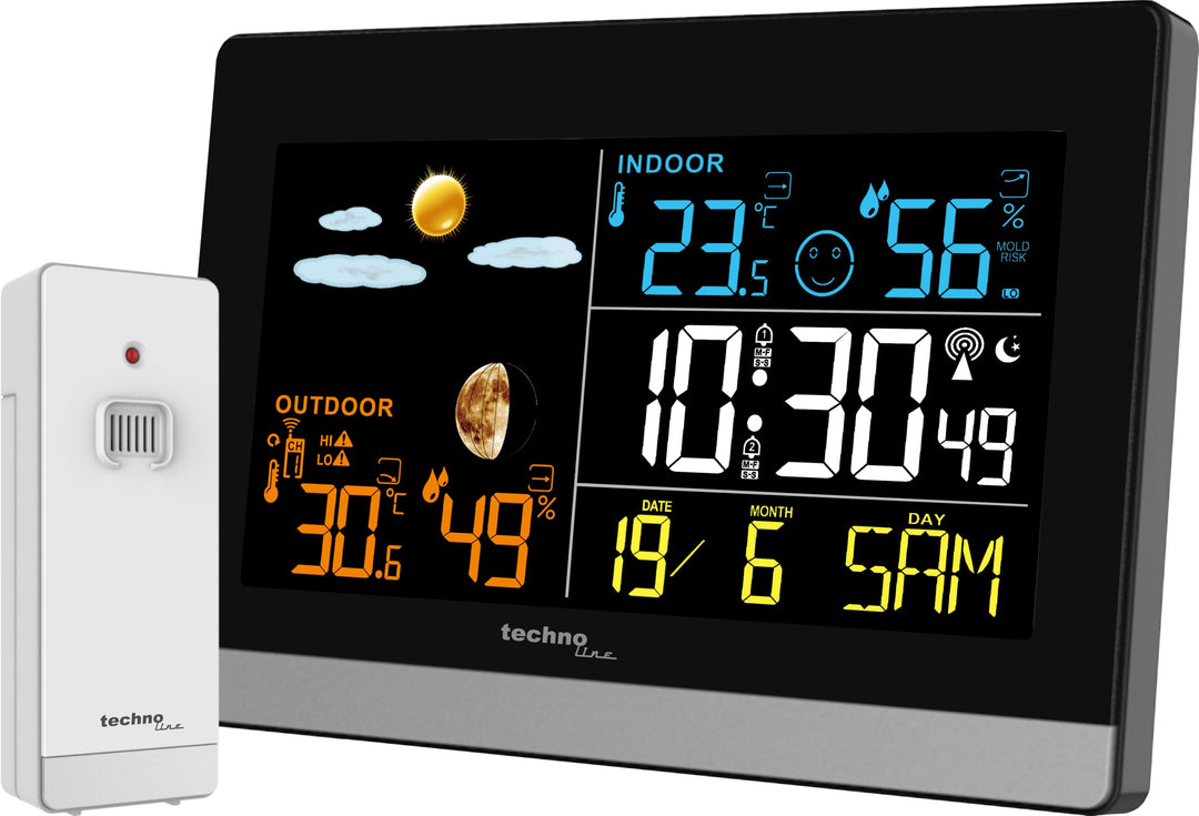 WS6455 Wetterstation mit Innen- und Aussentemperatur, Innen- und Aussenluftfeuchte, farbiges LED Dis