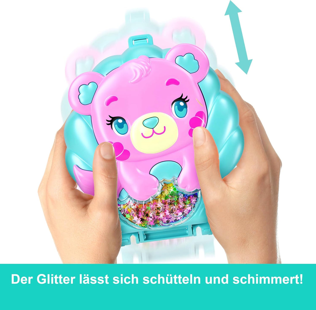 Polly Pocket Puppen und Spielset, Glitzerinsel-Schatulle, Reisespielzeug mit 1 Mini-Meerjungfrauenpu