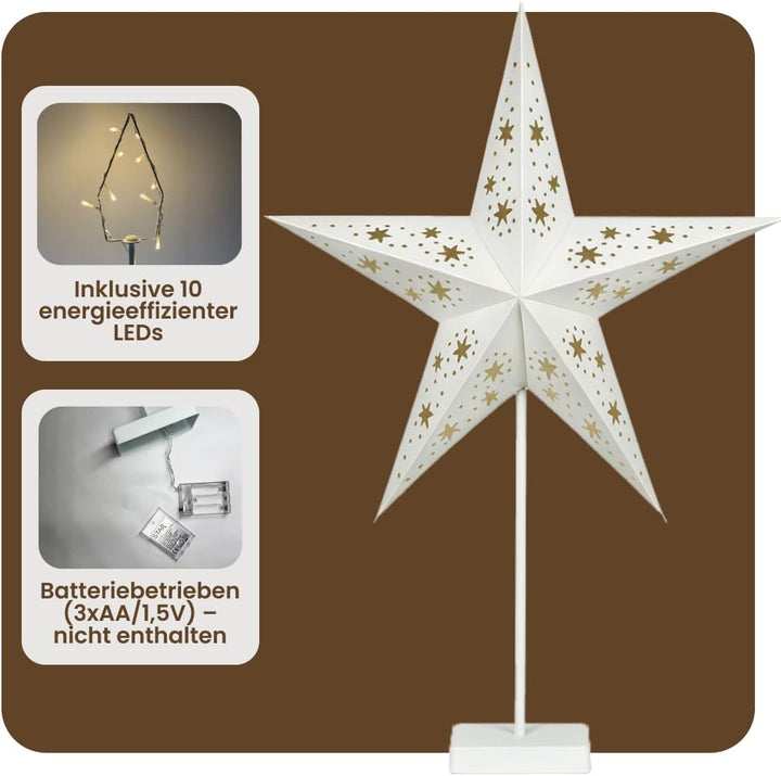 Star Trading Weihnachtsstern 60 cm – Papierstern mit stabilem Fuss, 10 warmweissen LEDs, batteriebet
