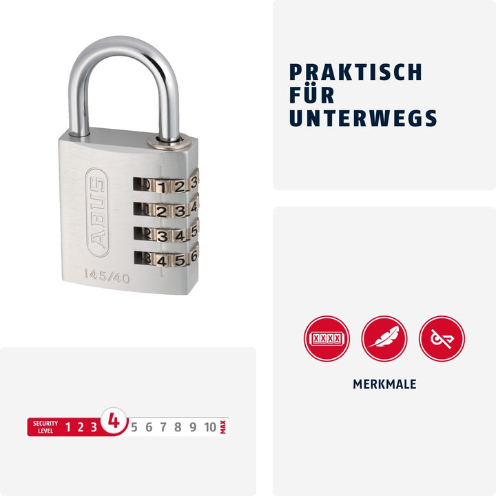 ABUS Zahlenschloss 145/40 Titanium - Kofferschloss, Spindschloss u. v. m. - Aluminium-Vorhängeschlos