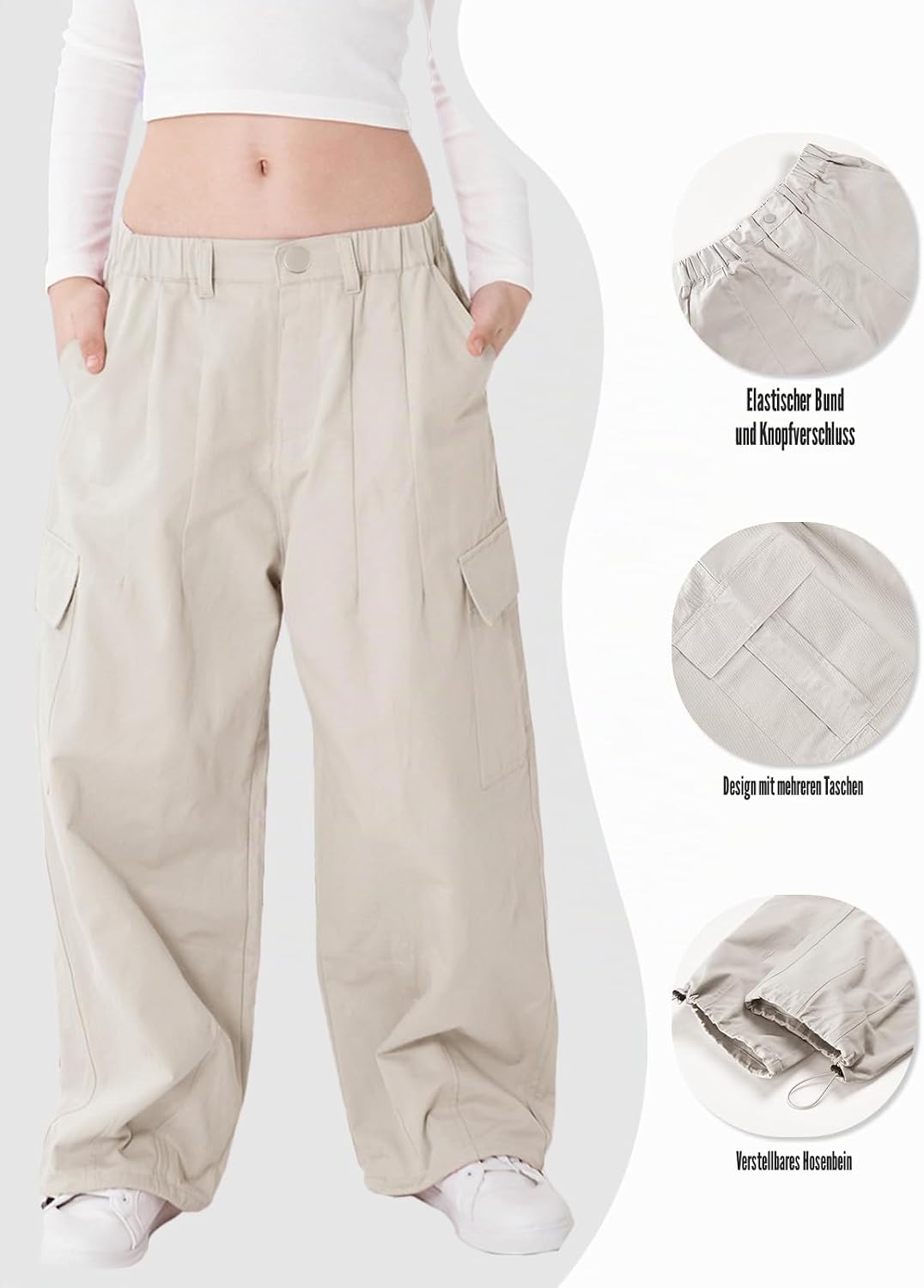 Rolanko Mädchen Cargohose, Baumwoll Baggy Hose mit Elastischer Taille und Mehreren Taschen für Kinde