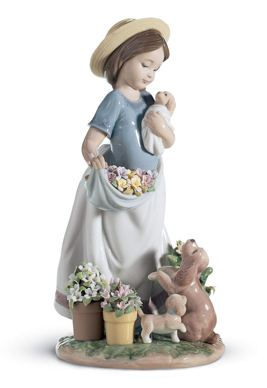 LLADRÓ Mädchen-Figur Zärtliches Spiel Im Garten. Mädchen Mit Blumen. Porzellan.