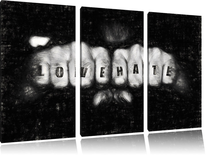 Pixxprint Love Hate Fäuste als Leinwandbild 3 teilig/Grösse: 3 Teilig (120x80) / Wandbild/Kunstdruck