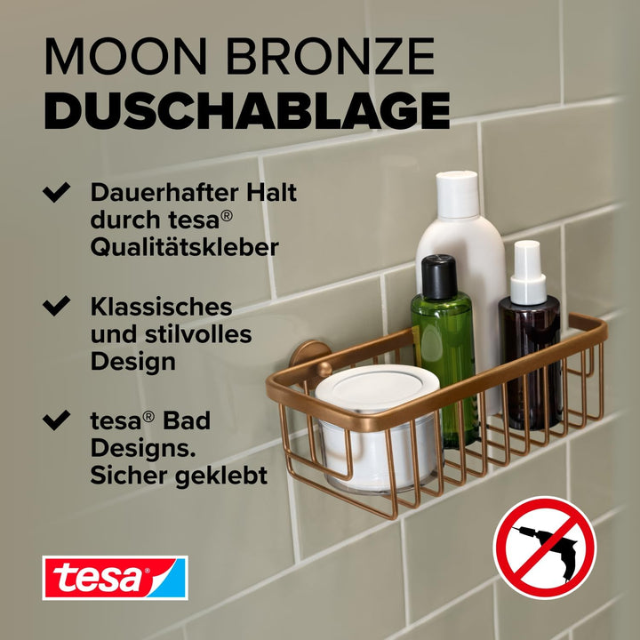 tesa MOON BRONZE selbstklebende Duschablage in gebürsteter Bronze - einstöckig und extra tief - Dusc