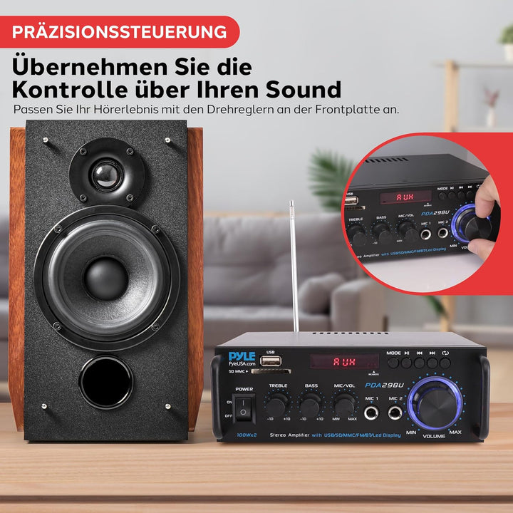 Pyle Bluetooth Verstärker, 200W – 2 Kanal Amplifier mit USB/SD/FM, Mikrofon & RCA, HiFi-Verstärker m