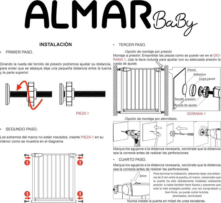 ALMAR Baby Sicherheitsgitter, 67-74 cm, Weiss, einfache Montage, ohne Schrauben für Türen, Flure ode