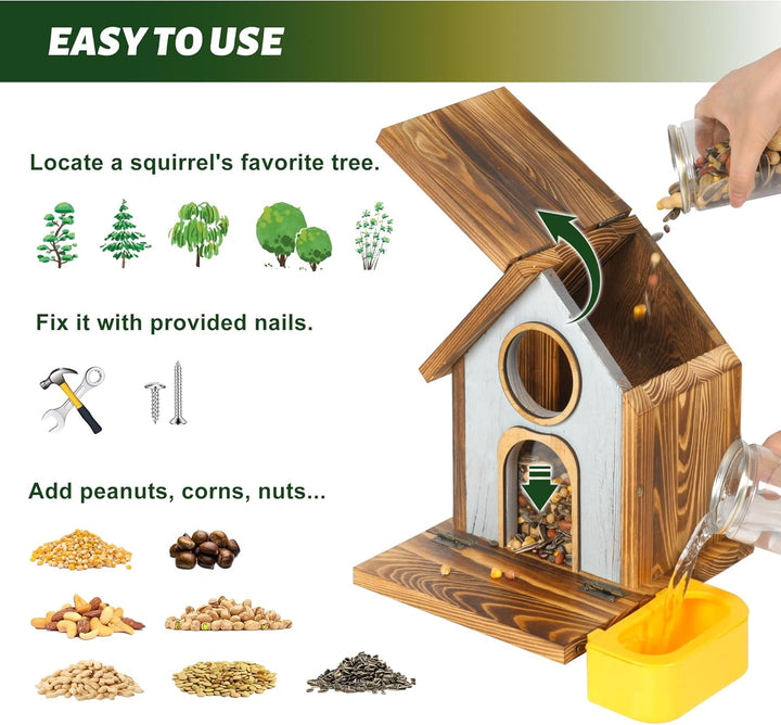MIXXIDEA Eichhörnchen-Futterstation aus Holz mit Wasserschale, grosse Kapazität, Eichhörnchen-Futter