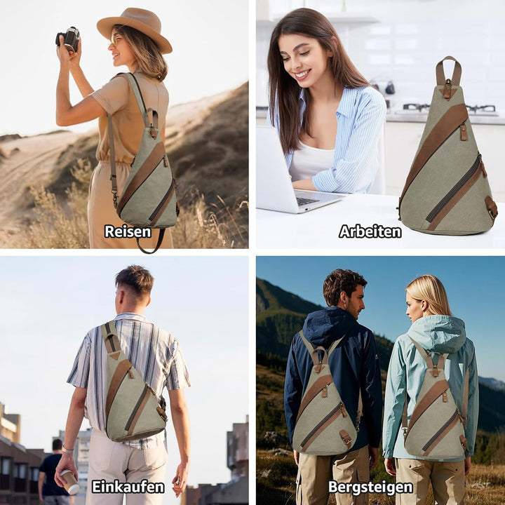 KL928 Canvas Sling Bag, Echte Leder Crossbody Bags Brusttasche Rucksack für Herren und Damen, Should