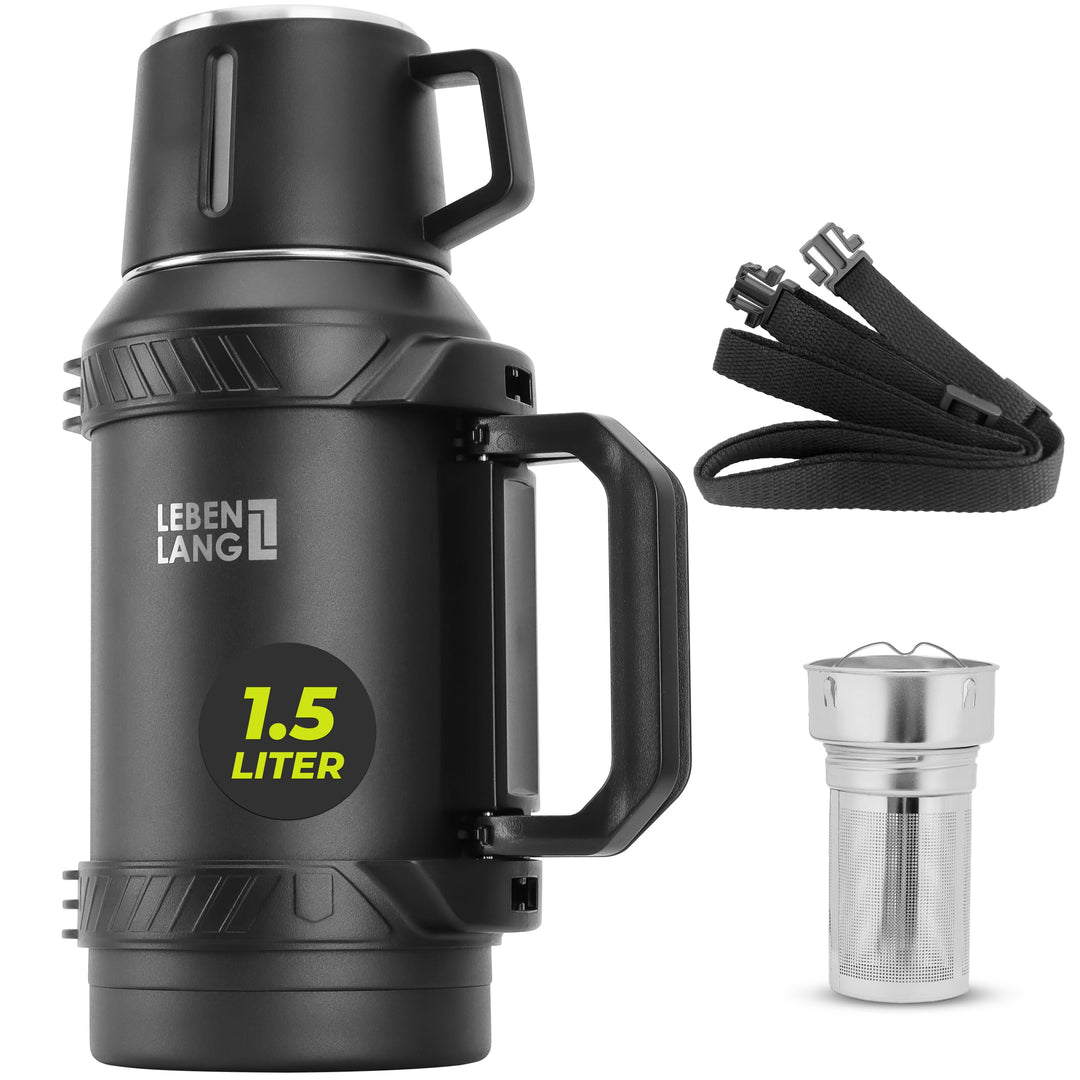LEBENLANG Thermosflasche 1,5 Liter - 24h Heiss Inkl. Becher, Teesieb, Tragegurt I Trinkflasche Therm