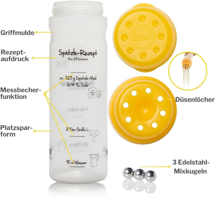 Einsteiger-Set zum Spätzle selber machen mit Spätzle-Shaker (875 ml gelb) 4 Portionen & Rezeptbuch (