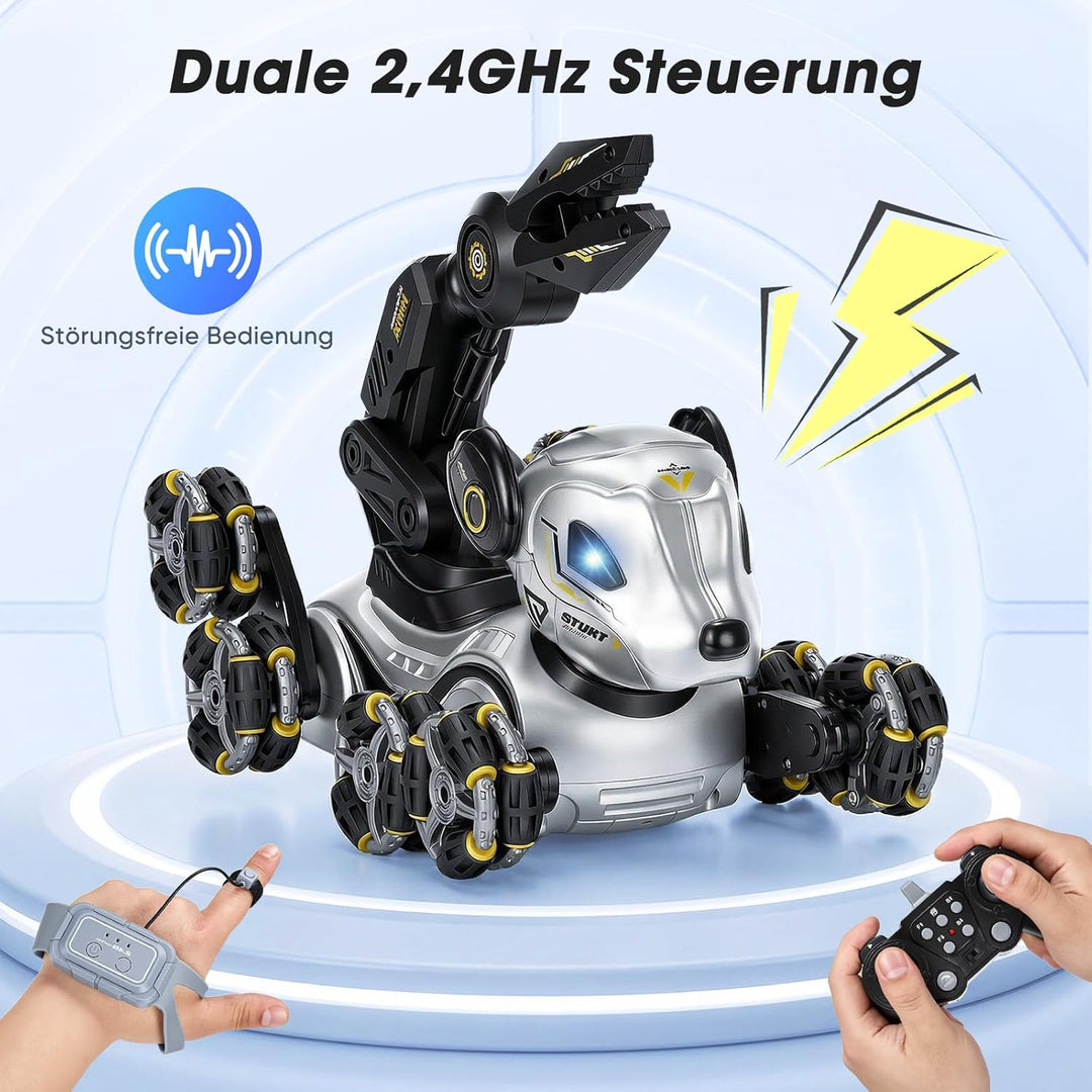 Roboter Hund Kinder – Interaktiver RC Roboterhund mit Gestensteuerung Uhr, Greifarm, 8-Rad Stunts, L