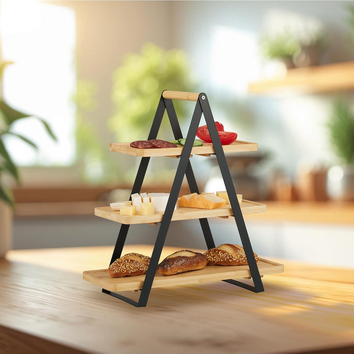 Relaxdays Etagere, 2 Etagen, Bambus, Metall, länglich, Griff, Kuchen, HBT 33 x 34 x 19 cm, Servierst