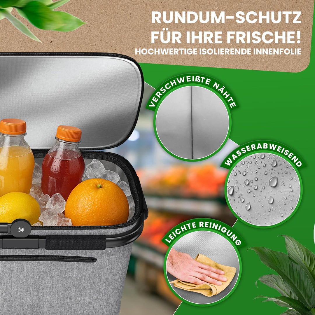 Thermo Einkaufskorb Kühltasche gross | isolierter Einkaufskorb mit Deckel, verstärktem Boden, Frontf