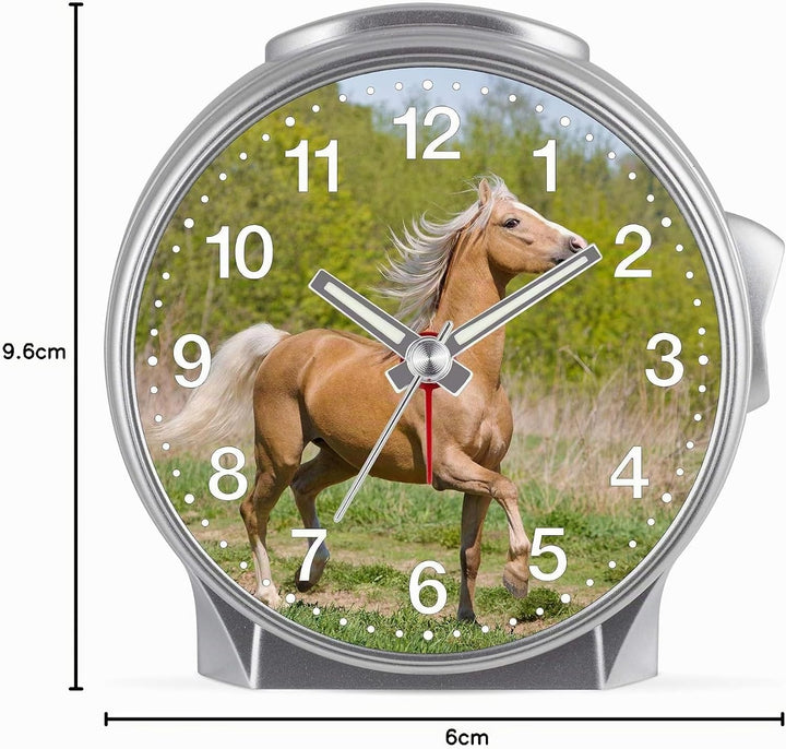 Eurotime Kinder Wecker für Mädchen mit Pferde-Motiv, Kunststoffgehäuse und Kunststoffglas, geräuscha