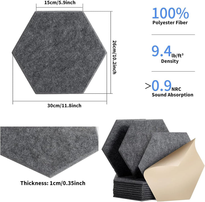 18 Stück Selbstklebend Akustik Panel,30x26x1cm Hexagon Akustik Absorber Schallschutzplatten Akustikp