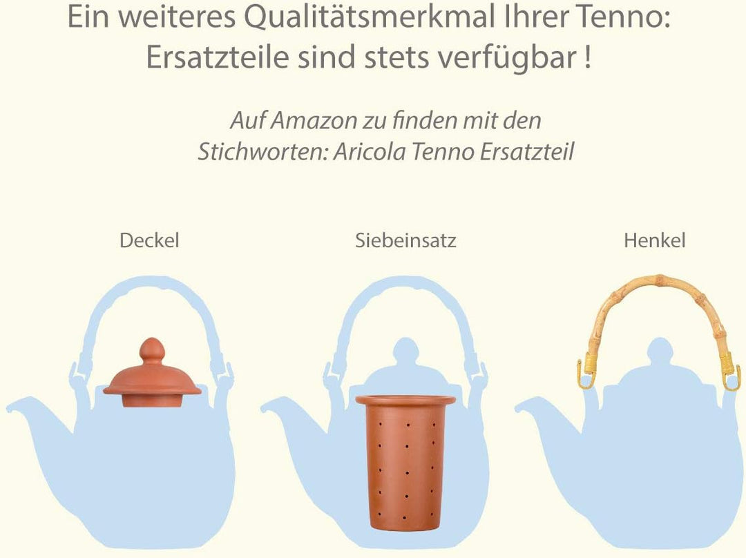 Ton Teekanne Tenno 0,8 Liter mit Tonsieb, Bambushenkel und Stövchen. Handgefertigt, Original