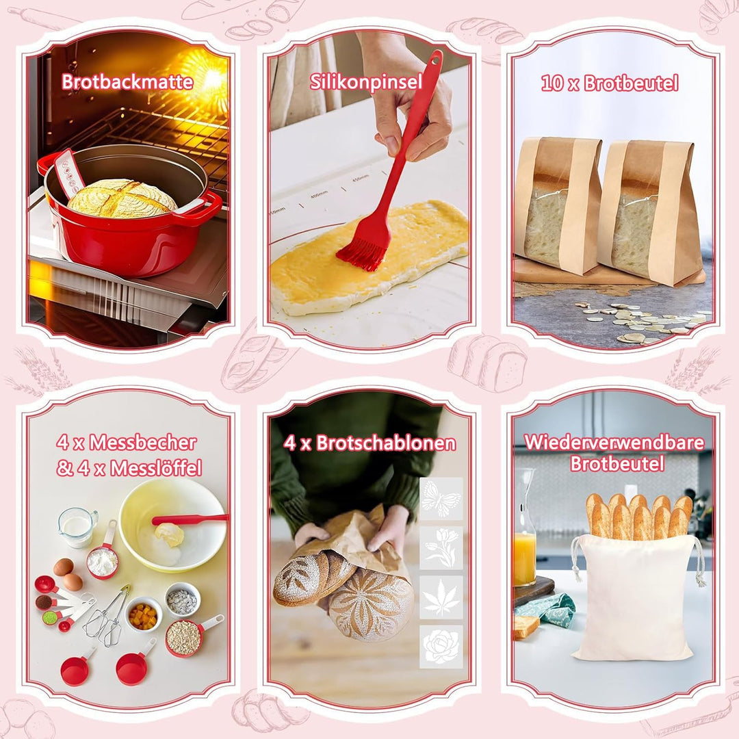 Sauerteig Starter Set, Gärkorb Brot Set mit 2 Gärkörbchen (23cm Runde &amp; 25cm Ovale), Rattan, 1000ml