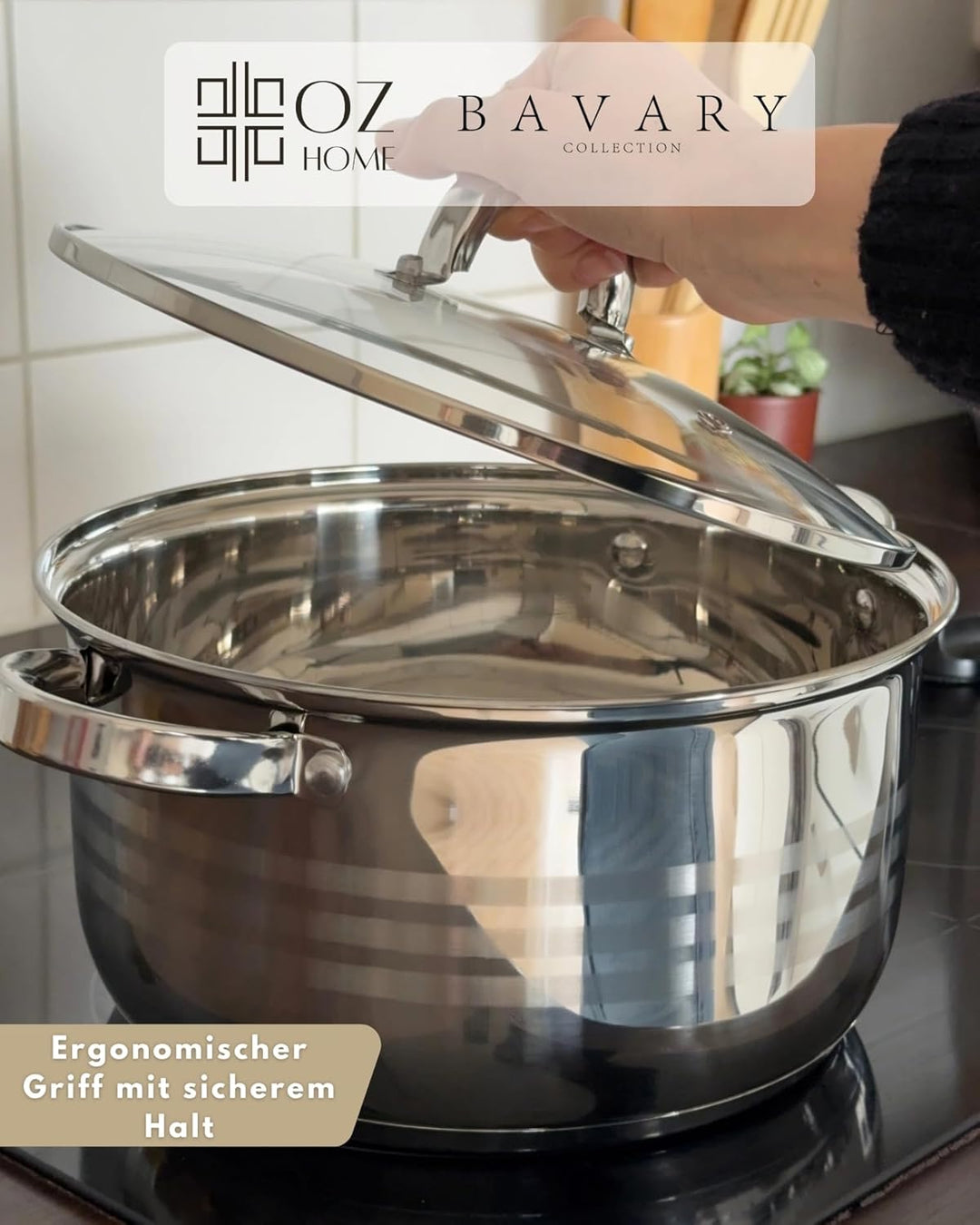 BAVARY Topfset, 12-teilig – 18/10 Edelstahl-Kochtopfset mit Glasdeckeln – Supercapsule-Boden – geeig