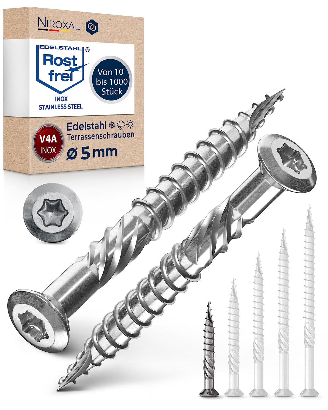 Terrassenschrauben Edelstahl A4 V4A 5x40 mm Torx 25 Holzschrauben Linsenkopf Teilgewinde inkl. Bit f