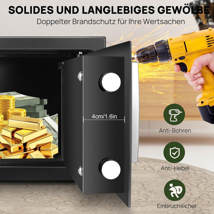 Tresor mit Zahelncode 8.5L, Schlüssel Elektronischer Möbeltresor, 2 Öffnungsarten, Feuerfest und Was