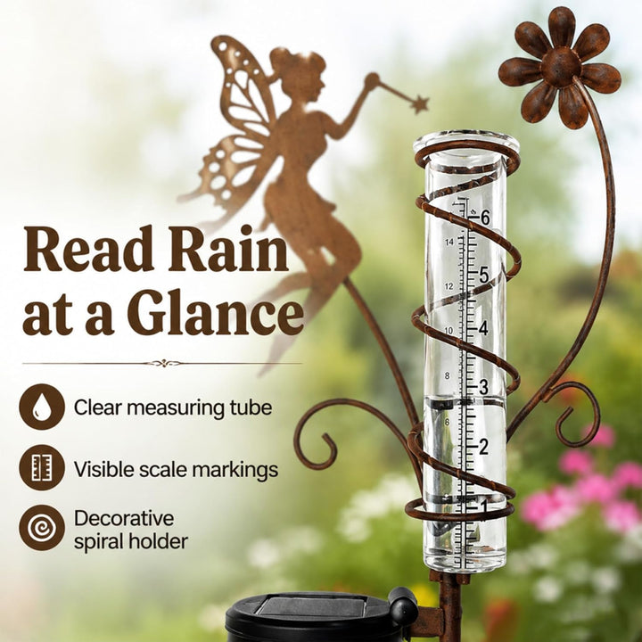 Regenmesser für Garten, Gartendeko Niederschlagsmesser mit Stab 106cm, Gartenstecker Elfe Stehend Ga