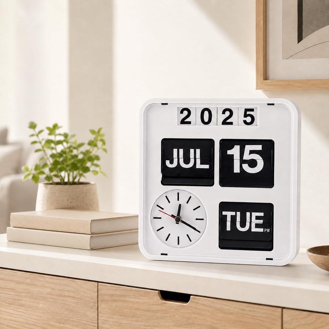 Eurotime 80005-00 Retro Tisch- &amp; Wanduhr mit Voll-Datumsanzeige inkl. Jahr, Quarzuhr im Klappkarten-