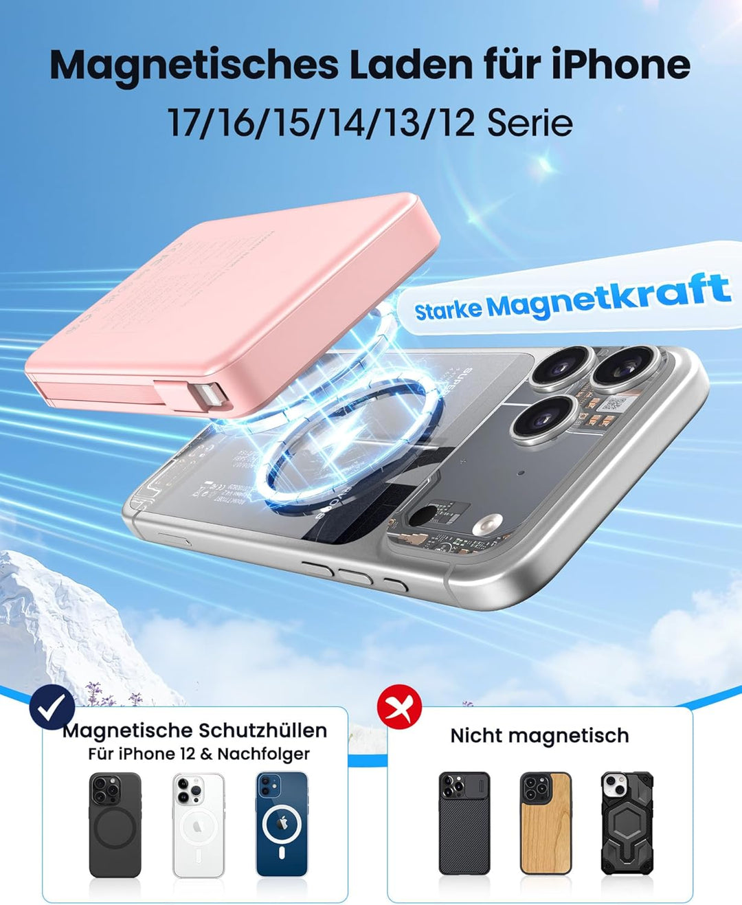 Magsaf Power Bank 10000mAh, Wireless Magnetische Powerbank Schnelles Laden mit LED-Display Mini powe
