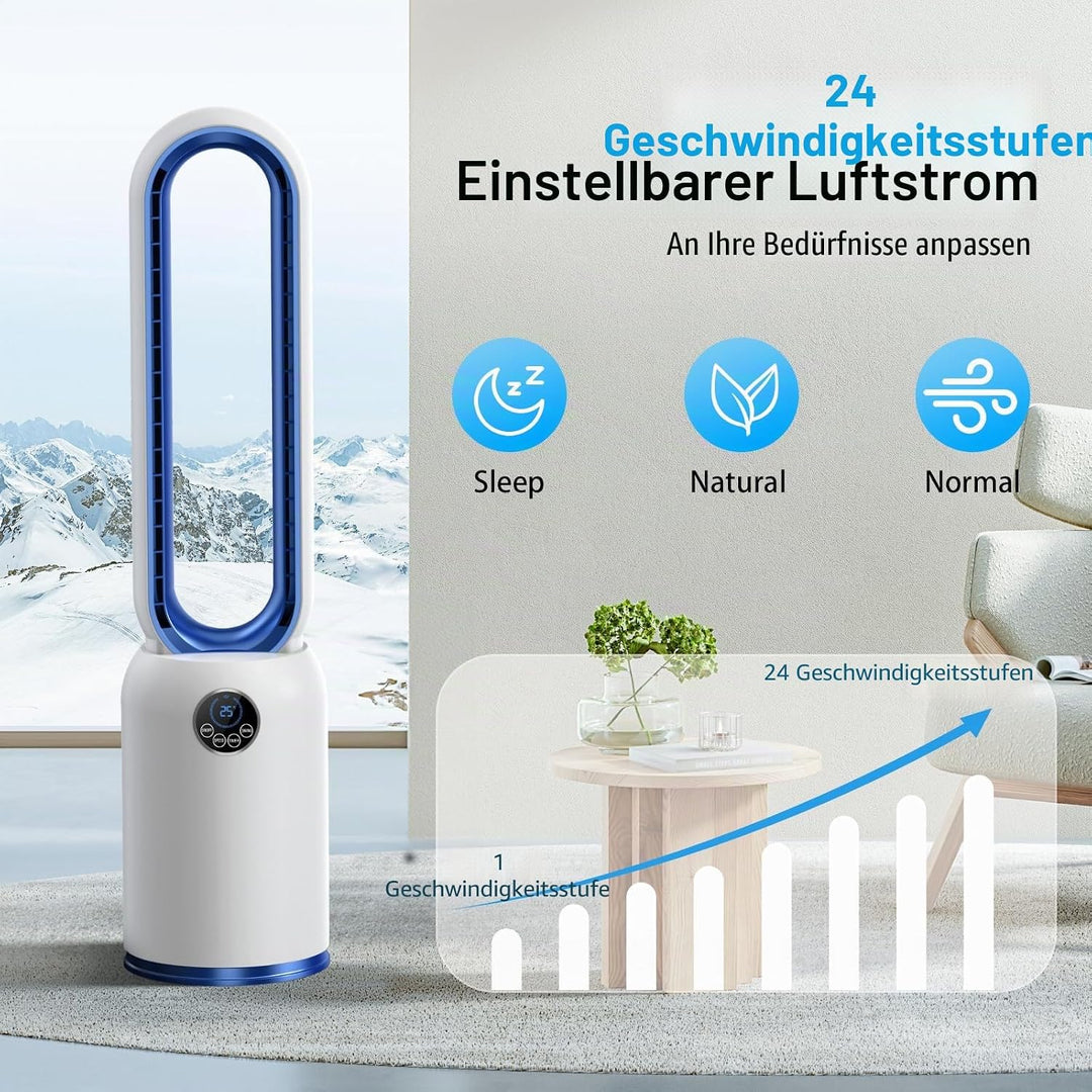 Turmventilator ohne Flügel 88cm – geräuschloser Standventilator mit 55W Motor, LED-Touchscreen & Fer