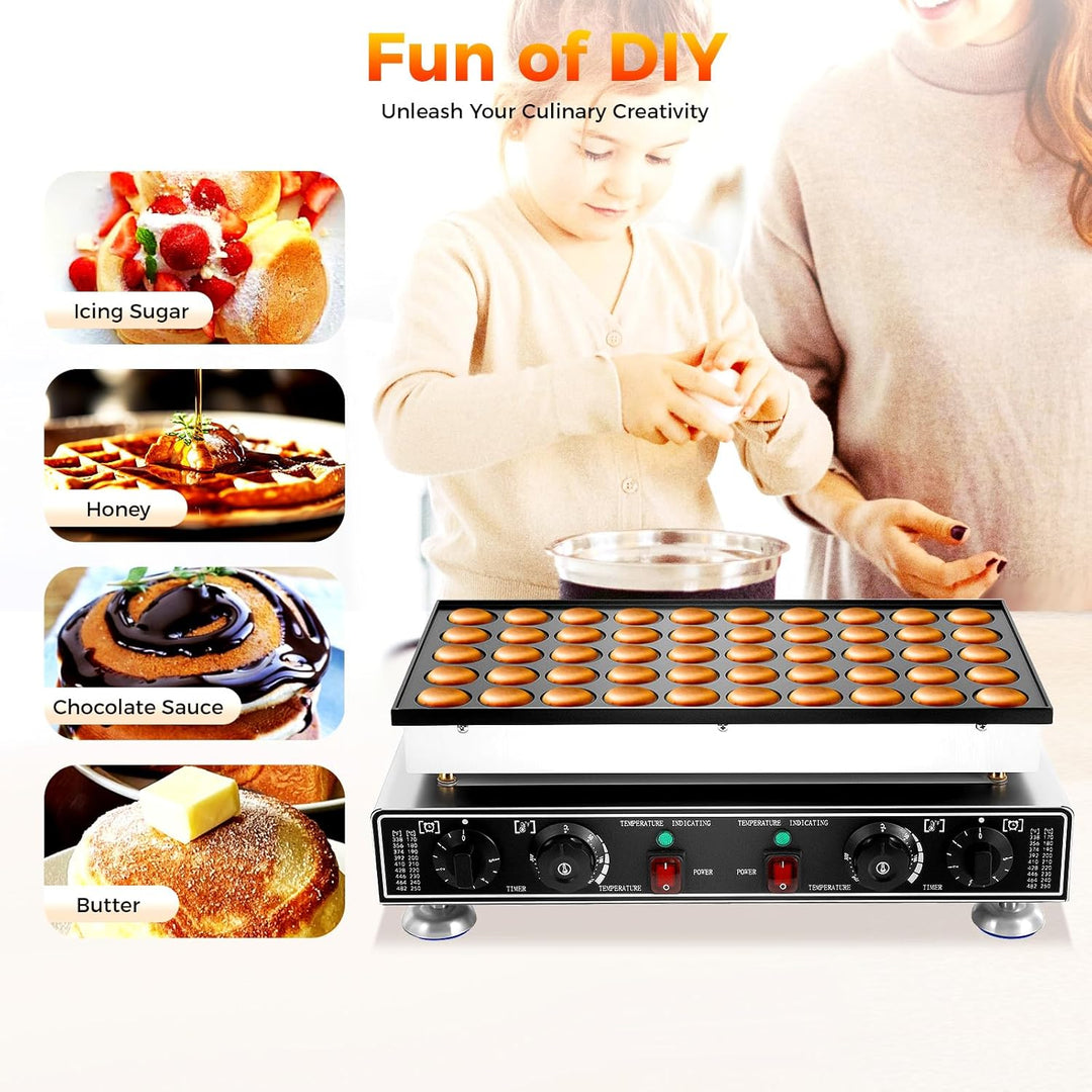 1800W Elektrische Poffertjes-Pfanne Ø45mm 50 Stk. Mini-Pfannkuchenmaschine mit Timer & Temperaturreg