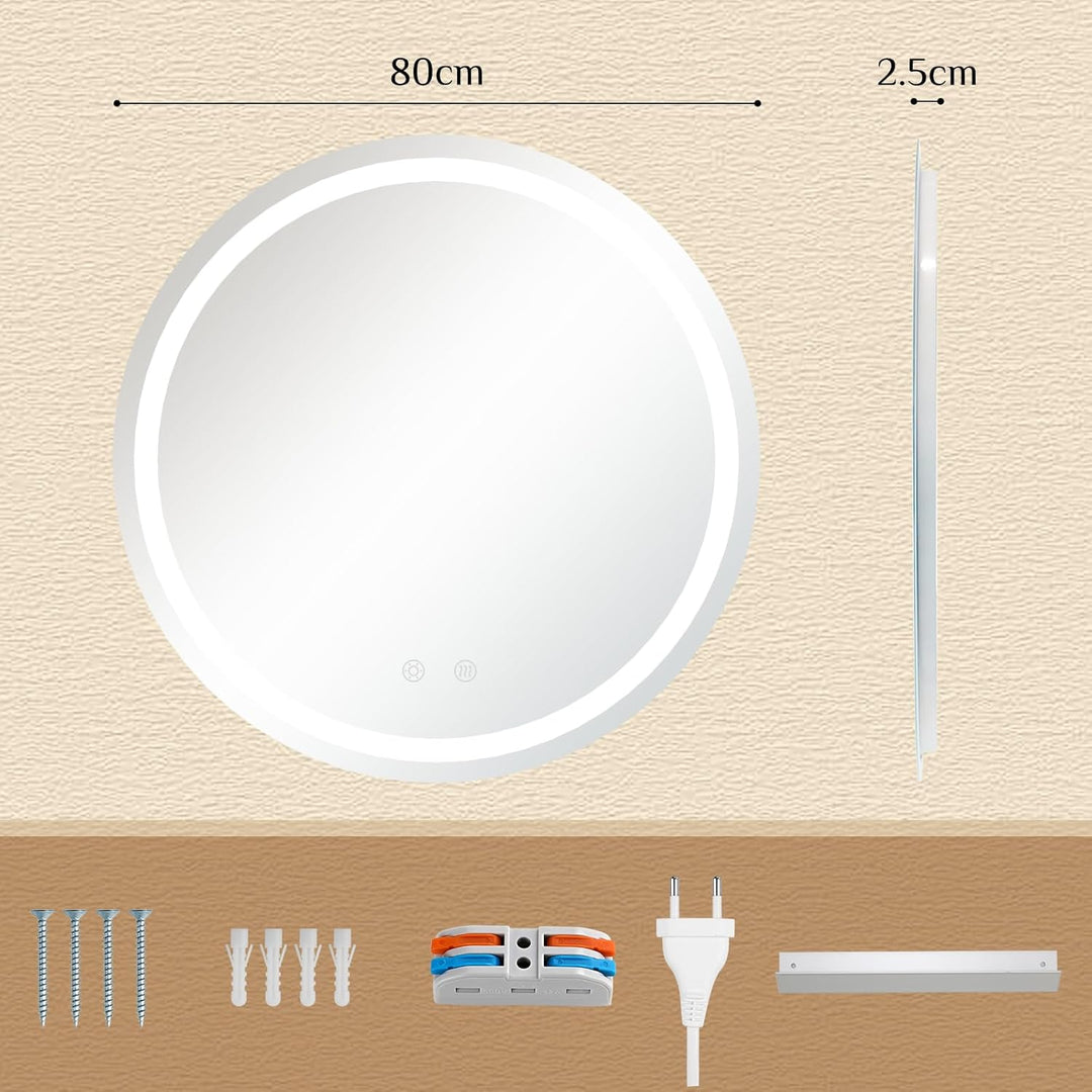 Clevich Badspiegel mit Beleuchtung Rund 80 cm, LED Spiegel mit 3 Lichtfarben Dimmbar, Gehärtetes Gla