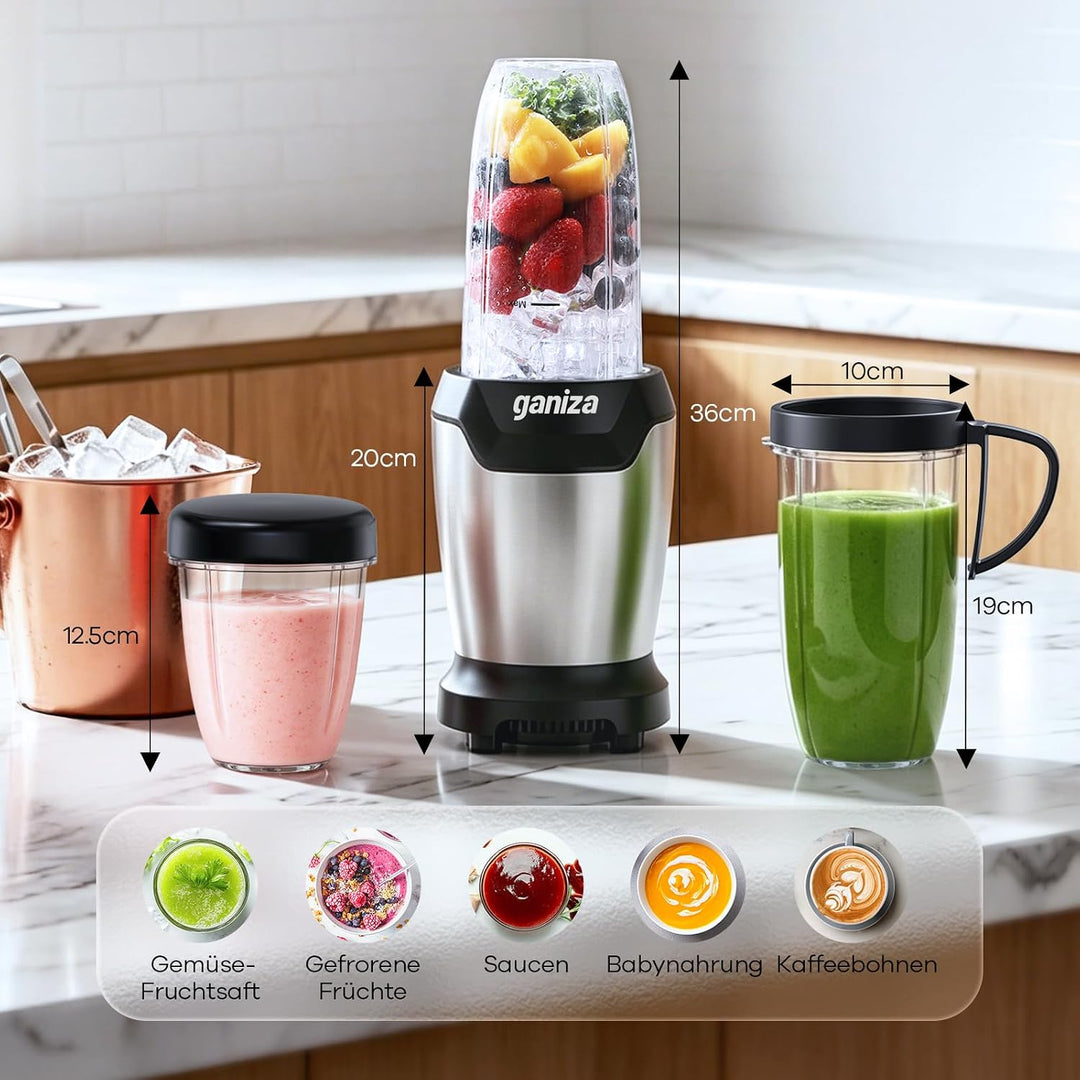 Ganiza Mixer, 1300W Smoothie Maker, Standmixer mit 3 Tragbare Mixbechern(2×1100ml & 1×660ml), Sechsk