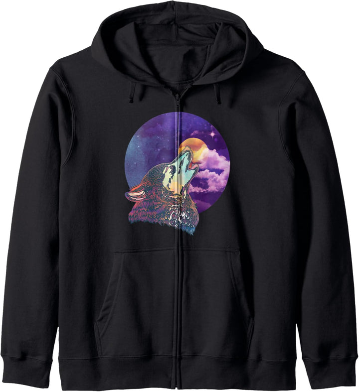 Psychedelisches Wolf Design. Bunte Wolf Heulen am Mond Kapuzenjacke