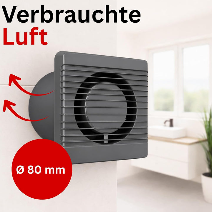 MKK Badlüfter 80mm Wandmontage Badventilator Leise Lüfter Wohnraumlüfter Grau (Standard), Standard