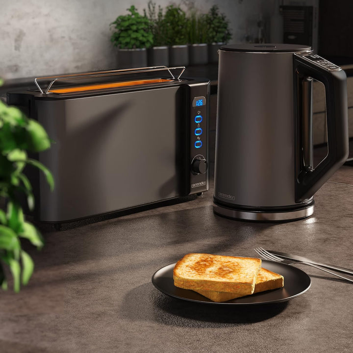 Arendo - Wasserkocher und Toaster im SET Edelstahl Cool Grey, Wasserkocher 1,5L 40°-100°C Warmhaltef