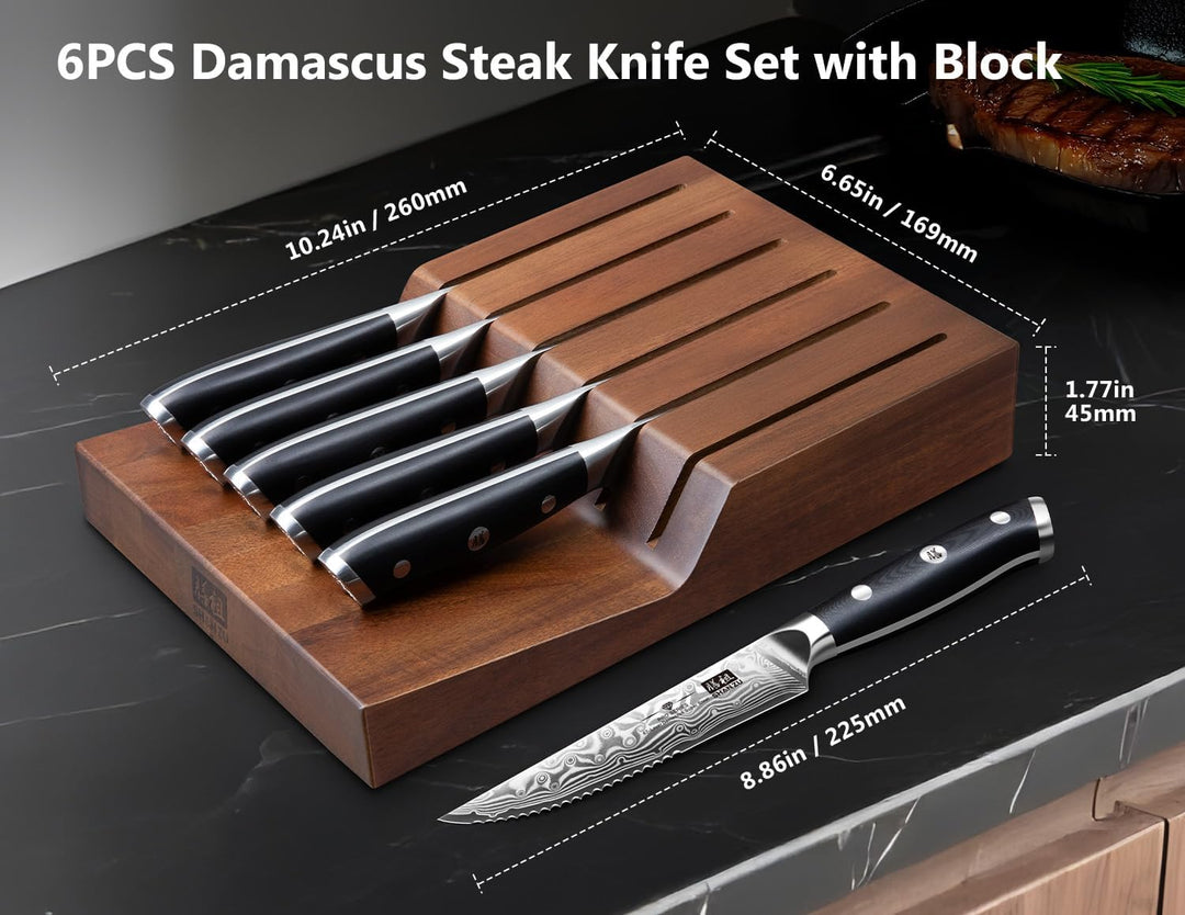 SHAN ZU Steakmesser-Set 7-teilig, 11 cm Damast-Steakmesser mit Block, japanisches Küchenmesser-Set m