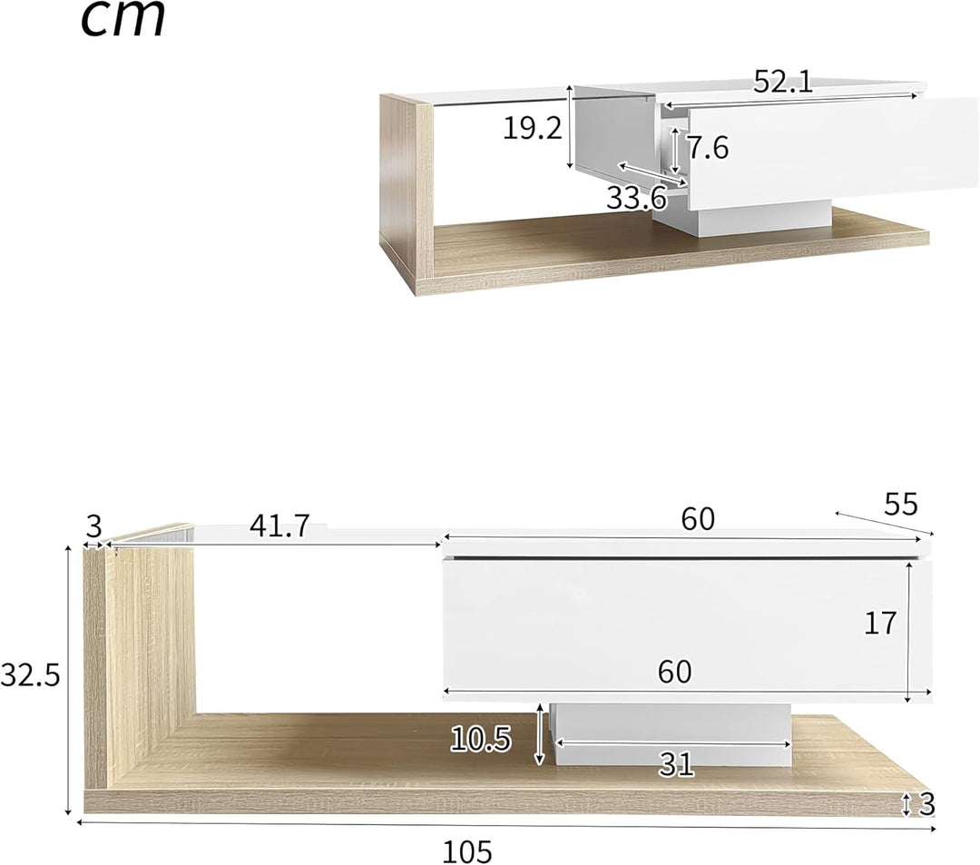 Merax Wohnzimmertisch, LED Couchtisch mit Schubladen, Hochglanz Kaffeetisch mit Stauraum, Modern Cof