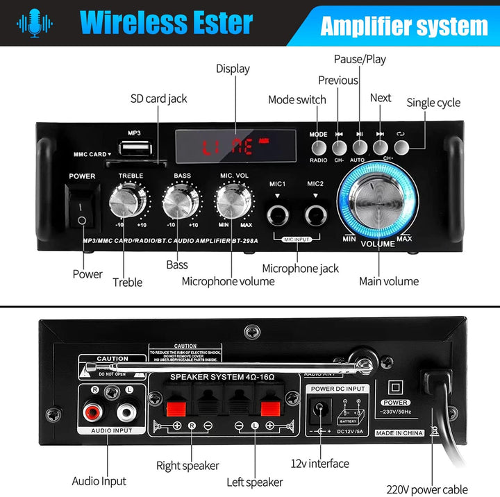 Etlephe Mini Verstärker,HIFI Verstärker,Bluetooth 5.0-Stereo Audio,12 V 220 V 600 W, 2 Kanäle, LCD-D
