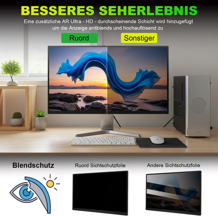 ruord Sichtschutzfolie für 21.5 Zoll 16:9 (47.7x26.8cm) Monitor - Blaulichtfilter & Blendschutz, Abn