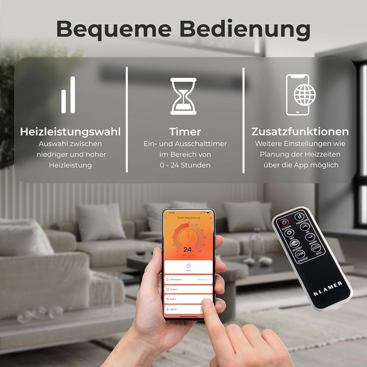 KLAMER Infrarotheizung 2600 W – WLAN Heizstrahler mit App- & Timer, Decken- & Wandmontage, Fenster-o