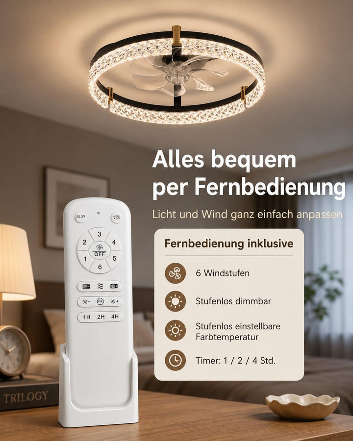 Airwit 50cm Deckenventilator mit Beleuchtung, Lampe mit Ventilator in Glasoptik, Deckenlampe mit Ven