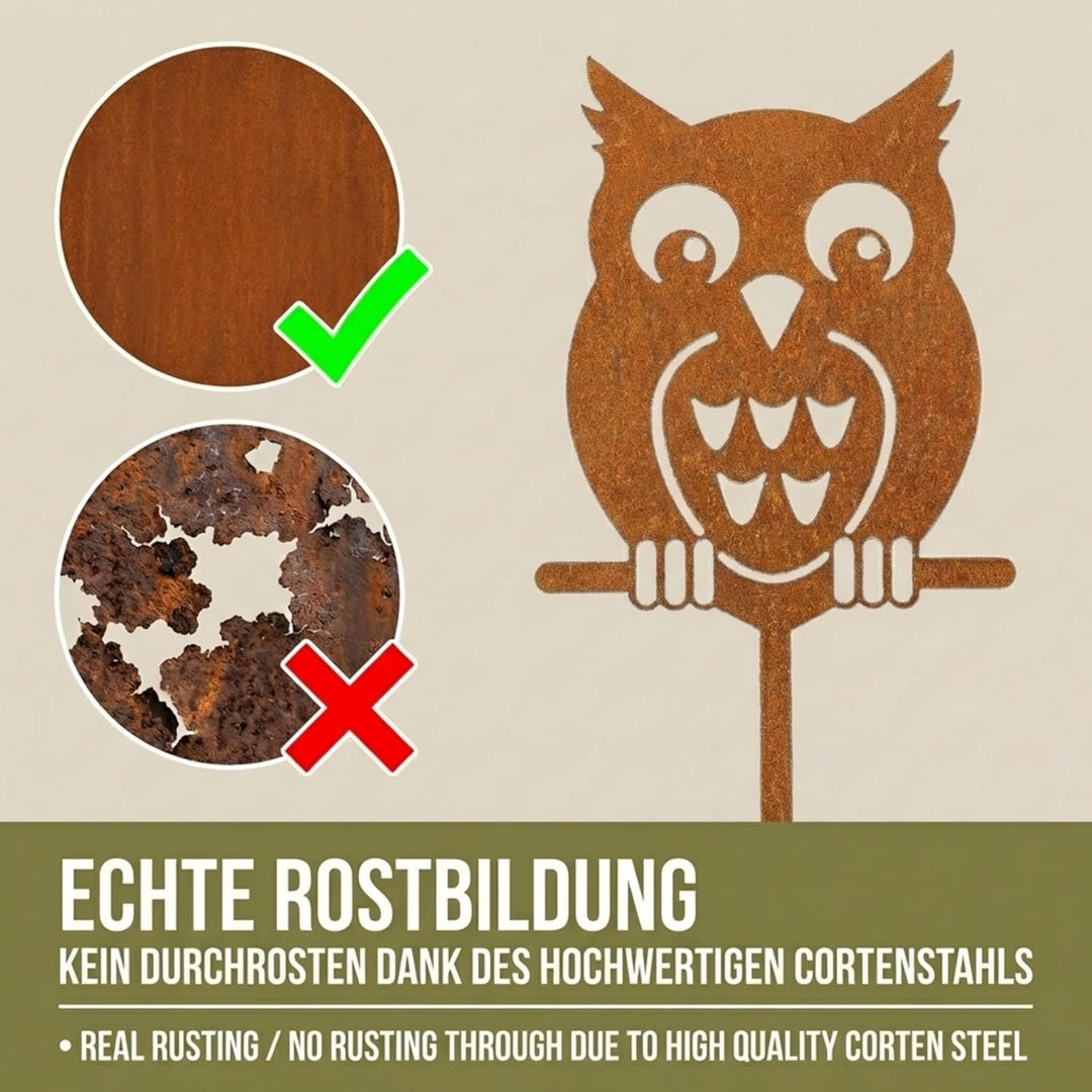 Edelrost Eule Gartenstecker-einfach einsteckbare Rostdeko aus hochwertigem Cortenstahl für Garten, T