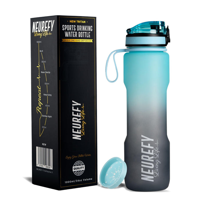 NEUREFY Trinkflasche 1L Tritan Himmelblau - Auslaufsicher, Grifffest, BPA-frei - Sportflasche mit An