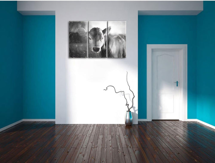 Pixxprint Junge Kuh Kälbchen Kunst Kohle Effekt 3-Teiler Leinwandbild 120x80 Bild auf Leinwand