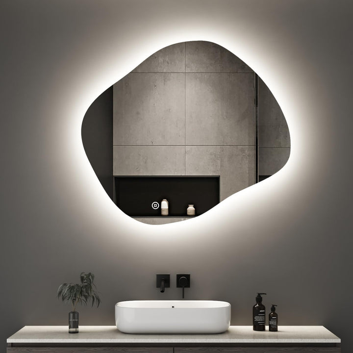 Boromal Asymmetrischer Spiegel mit LED Beleuchtung, Asymmetrischer Spiegel Badspiegel mit Beleuchtun