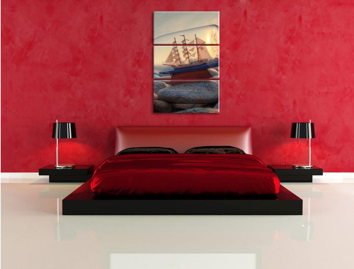 Pixxprint Flasche mit Schiff als Leinwandbild | Grösse: 3 Teilig (120x80) | Wandbild| Kunstdruck | f