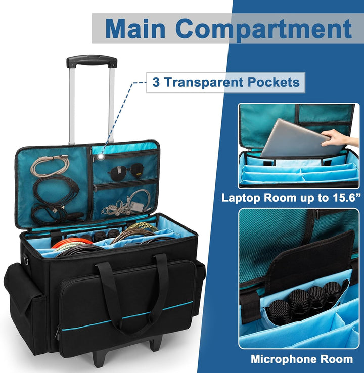 Rollbare DJ-Kabeltasche mit abnehmbarem Trolley und Trennwand, gepolsterte Gigbag mit grossem Fassun