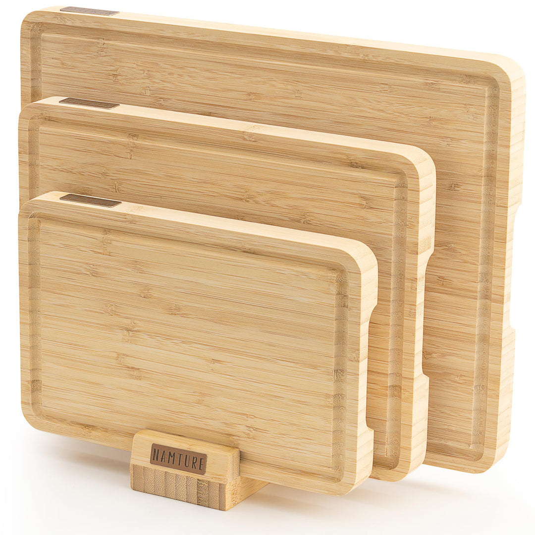 Schneidebrett Holz Set – 2,5 cm stark, mit hochwertiger Öl-Oberfläche, Saftrille, Anti-Rutsch-Füssen