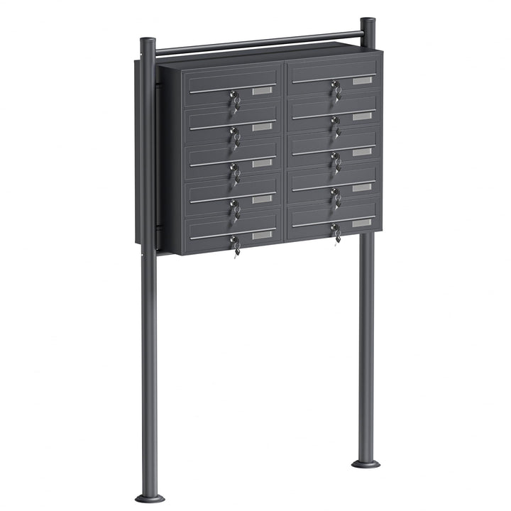 Wiltec 10er Briefkastenanlage Anthrazit 898 x 270 x 1500 mm, Standbriefkasten mit 2x5 Fächern, Schlü