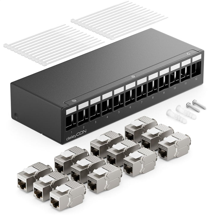 deleyCON 12 Port Patchpanel Set Patchfeld Verteilerfeld 1 HE + 12x RJ45 Keystone Jack Modul STP CAT6