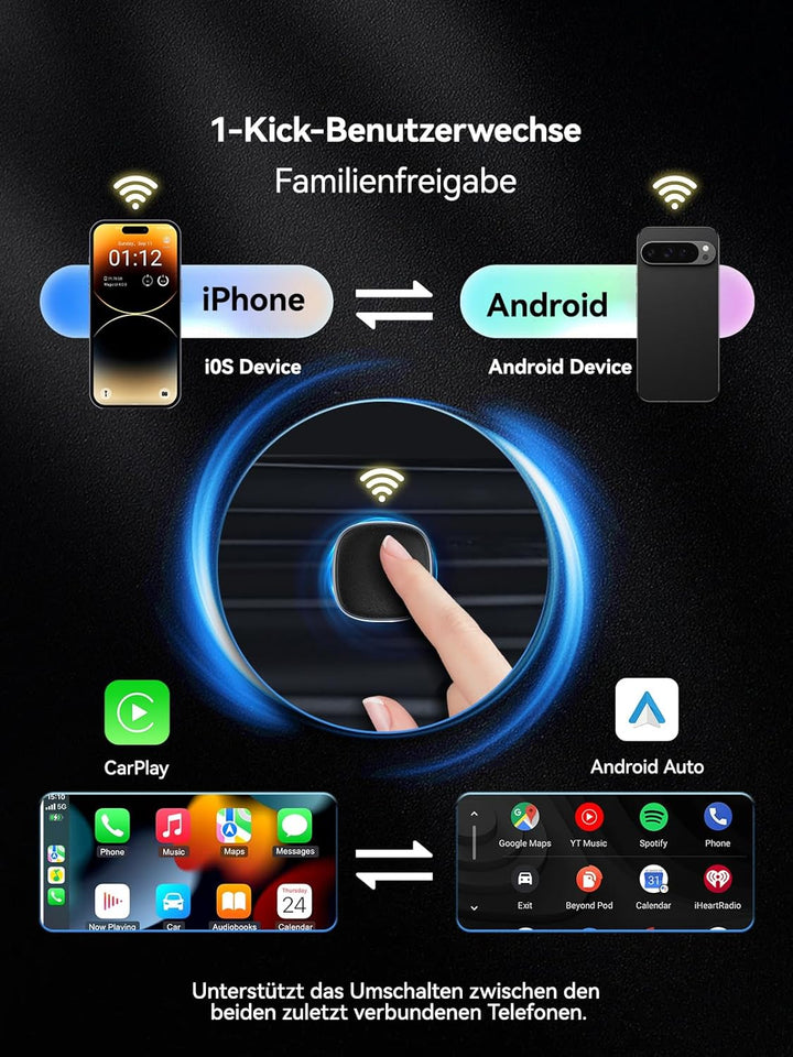 Spedal CarPlay Wireless Android Auto Adapter – per Tastendruck zwischen Zwei Handys wechseln (iPhone